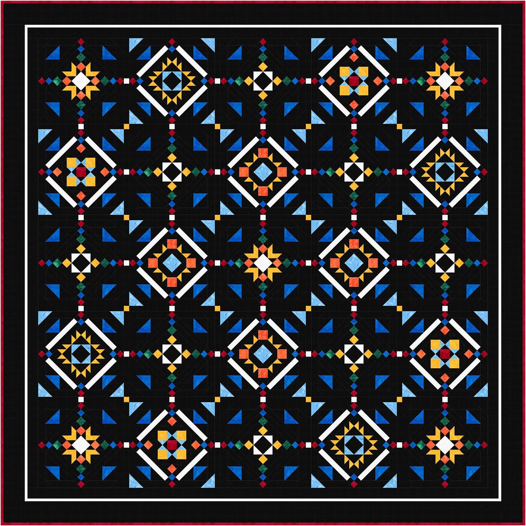 The North Slope|Tourmaline & Thyme Quilts - A 93-inch square quilt titled Northern Slopes, featuring glowing blues, deep blacks, and gold accents arranged in beadwork-inspired geometric pathways. Designed exclusively for the 2027 Alaskan Quilting Cruise.