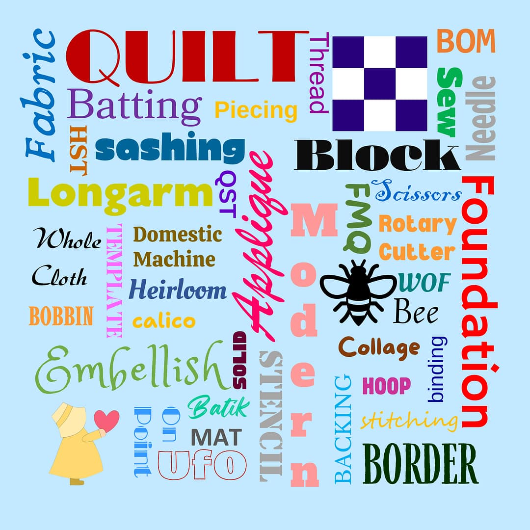 alt="Word collage of quilting terms including quilt, batting, sashing, appliqué, and longarm"