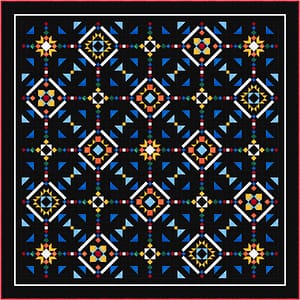 The North Slope|Tourmaline & Thyme Quilts - A 93-inch square quilt titled Northern Slopes, featuring glowing blues, deep blacks, and gold accents arranged in beadwork-inspired geometric pathways. Designed exclusively for the 2027 Alaskan Quilting Cruise.